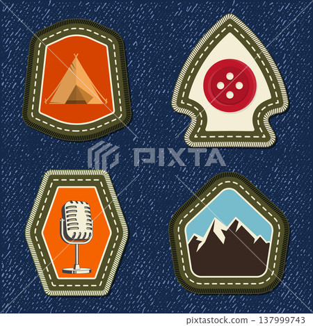 Scout badge with mountain, camping tent, sewing Button, retro microphone. Vector. Merit patch, sticker for camping outdoor and academic activities. For scouting groups, camping events, outdoor apparel Scout badge with mountain, camping tent, sewing Button, retro microphone. Vector. Merit patch, sticker for camping outdoor and academic activities. For scouting groups, camping events, outdoor apparel 137999743