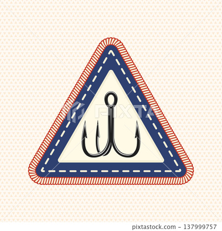 Scout badge with triple fishing hook. Vector. Merit patch, sticker for camping outdoor and academic activities. Perfect for scouting groups, camping events, bike clubs, outdoor apparel, stickers 137999757