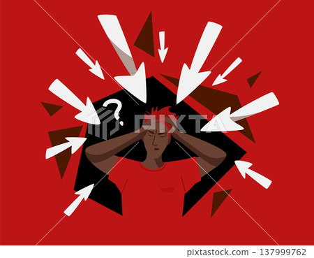 Misinformation vector illustration, Stressed man with multiple arrows pointing at his head. Confusion, information pressure, information overload from fake news on a red background Misinformation vector illustration, Stressed man with multiple arrows pointing at his head. Confusion, information pressure, information overload from fake news on a red background 137999762