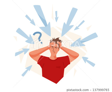 Overwhelmed by misinformation vector illustration. Stressed man with multiple arrows pointing at his head. Confusion and information overload from fake news Overwhelmed by misinformation vector illustration. Stressed man with multiple arrows pointing at his head. Confusion and information overload from fake news 137999765