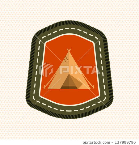 Scout badge with camping tent. Vector. Merit patch, sticker for camping outdoor and academic activities. Perfect for scouting groups, camping events, bike clubs, outdoor apparel, stickers, embroidery Scout badge with camping tent. Vector. Merit patch, sticker for camping outdoor and academic activities. Perfect for scouting groups, camping events, bike clubs, outdoor apparel, stickers, embroidery 137999790