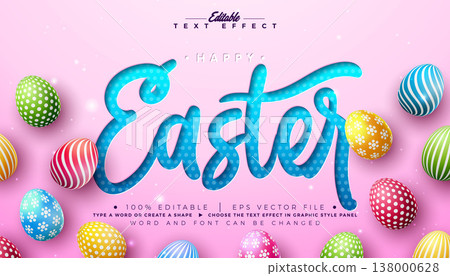 Happy Easter Text Effect Design Editable Vector Graphic Style with Cutout Typography Lettering and Painted Eggs on Pink Background. Christian Religious Holiday Scalable Illustration Template for Happy Easter Text Effect Design Editable Vector Graphic Style with Cutout Typography Lettering and Painted Eggs on Pink Background. Christian Religious Holiday Scalable Illustration Template for 138000628