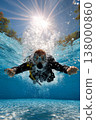Diver in underwater scene with bubbles and sunlight creating a vibrant aquatic atmosphere 138000860