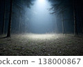 Dense dark forest illuminated by a strong white spotlight creating an eerie crime scene atmosphere 138000867