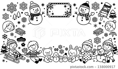 冬季：玩雪（雪人、雪橇、雪花、兒童）（二月） 138000917