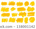 Yellow marker scribbles set isolated on white background. Hand drawn brush strokes 138001142