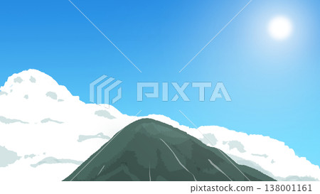Horizontal background illustration featuring cumulonimbus clouds, mountains, and the sun. Horizontal background illustration featuring cumulonimbus clouds, mountains, and the sun. 138001161