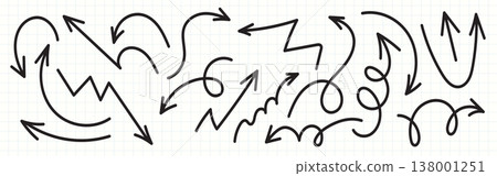 Hand-drawn arrow set with various directions, curves, zigzags and spirals Hand-drawn arrow set with various directions, curves, zigzags and spirals 138001251