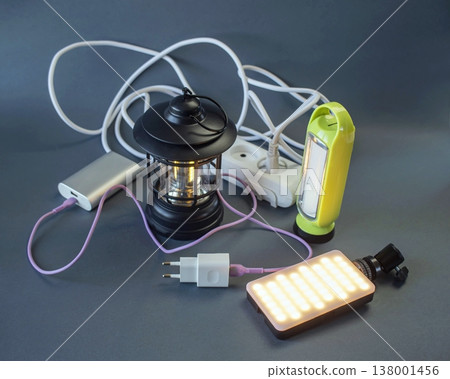 Portable solutions for power and lighting in emergency situations: lanterns, flashlights, power banks and external batteries Portable solutions for power and lighting in emergency situations: lanterns, flashlights, power banks and external batteries 138001456