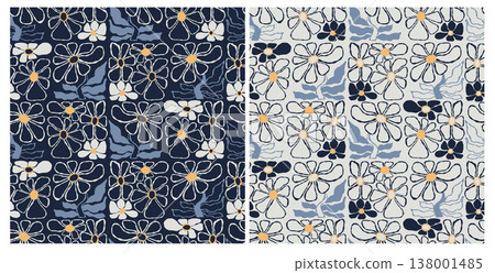 Modern Cottagecore Floral Seamless Patterns. Botanical Hand Drawn Backgrounds Matisse Inspired in Navy and Soft Neutral Palette for Interior Design and Fabric. Isolated Square Vector Illustration 138001485
