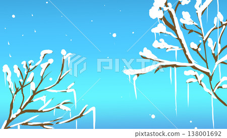 A horizontal background illustration of a snowy winter scene with snow-covered tree branches. A horizontal background illustration of a snowy winter scene with snow-covered tree branches. 138001692