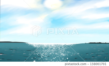 一幅橫向背景插圖,描繪了大海倒映著藍天和陽光的景象。 一幅橫向背景插圖,描繪了大海倒映著藍天和陽光的景象。 138001701