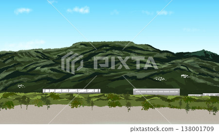 一幅鄉村地區的橫向背景插圖，背景是藍天白雲。 138001709