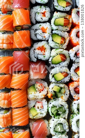Captivating sushi rolls  a vivid display of freshness, texture, and artful presentation 138001826