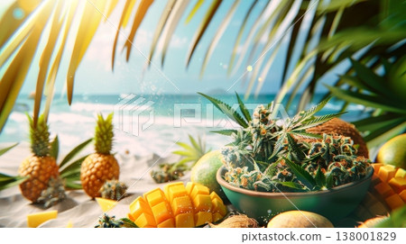 Colorful bowl of cannabis surrounded by tropical fruits on a beach table under palm leaves Colorful bowl of cannabis surrounded by tropical fruits on a beach table under palm leaves 138001829