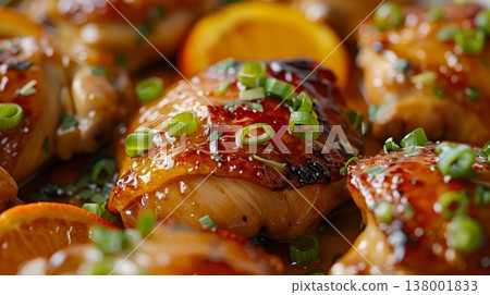 Close up of asian orange chicken glazed in vibrant sauce, garnished with fresh green onions Close up of asian orange chicken glazed in vibrant sauce, garnished with fresh green onions 138001833