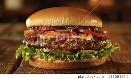 Delicious homemade hamburger stacked high with fresh ingredients on rustic wooden surface Delicious homemade hamburger stacked high with fresh ingredients on rustic wooden surface 138001834