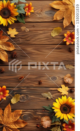 Realistic photo of dark brown wooden surface framed with sunflowers and autumn leaves Realistic photo of dark brown wooden surface framed with sunflowers and autumn leaves 138001839