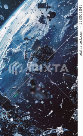 A spacecraft in orbit surrounded by electronic waste, showcasing the beauty and clutter of space. 138001843