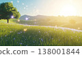 A tranquil meadow illuminated by soft sunlight and glowing particles for a dreamlike experience 138001844