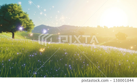A tranquil meadow illuminated by soft sunlight and glowing particles for a dreamlike experience A tranquil meadow illuminated by soft sunlight and glowing particles for a dreamlike experience 138001844