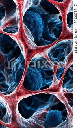 Detailed close up of red and blue cells showcasing intricate features and vibrant color contrast Detailed close up of red and blue cells showcasing intricate features and vibrant color contrast 138001847