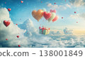 Whimsical heart shaped balloons carrying colorful gifts in a dreamy sky full of fluffy clouds 138001849