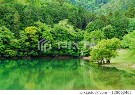 Taisho Pond in Kameoka, Kyoto, surrounded by lush greenery 138002402