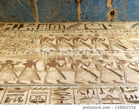 Beautiful bas-reliefs and ancient hieroglyphs from the mortuary temple of Ramesses III at Medinet Habu, Luxor, Egypt. Beautiful bas-reliefs and ancient hieroglyphs from the mortuary temple of Ramesses III at Medinet Habu, Luxor, Egypt. 138002558