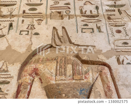 Beautiful bas-reliefs and ancient hieroglyphs from the mortuary temple of Ramesses III at Medinet Habu, Luxor, Egypt. Beautiful bas-reliefs and ancient hieroglyphs from the mortuary temple of Ramesses III at Medinet Habu, Luxor, Egypt. 138002575