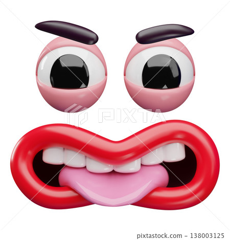 3D cartoon face angry emotion with stick out tongue, serious eyes and brows, vector realistic comic tease expression 3D cartoon face angry emotion with stick out tongue, serious eyes and brows, vector realistic comic tease expression 138003125
