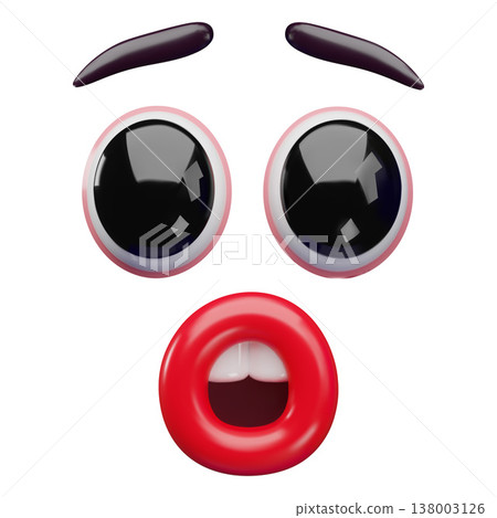 Cartoon stunned face expression realistic vector 3D design, surprised face with big eyes, funny open mouth, red lips Cartoon stunned face expression realistic vector 3D design, surprised face with big eyes, funny open mouth, red lips 138003126