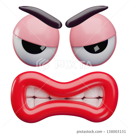 A 3D angry face with eyes, furrowed brows, and a red mouth clenched in anger with teeth. A 3D angry face with eyes, furrowed brows, and a red mouth clenched in anger with teeth. 138003131