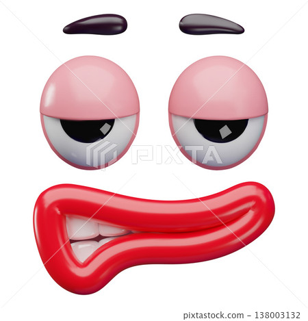 3D cartoon funny face with awe emotion, eyes, mouth and eyebrows realistic vector 3D design, comic irritated expression 138003132