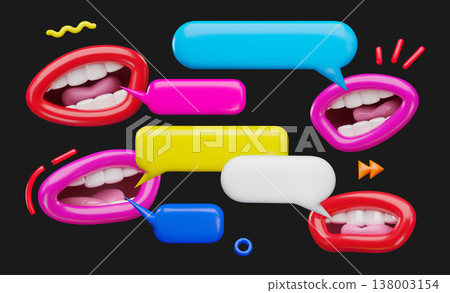 Colorful lips speak mouth with speech bubbles, cartoon vector 3D plastic style conversation and communication expression Colorful lips speak mouth with speech bubbles, cartoon vector 3D plastic style conversation and communication expression 138003154