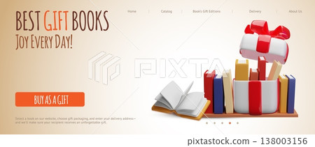 Stack of books row with gift box on the shelf, best gift books shop 3D style vector landing page advertising design Stack of books row with gift box on the shelf, best gift books shop 3D style vector landing page advertising design 138003156