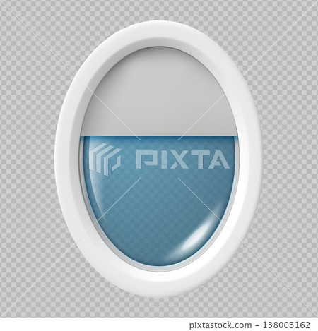 Airplane window, porthole with open glass inside view, 3D vector illuminator oval window and fuselage glass porthole Airplane window, porthole with open glass inside view, 3D vector illuminator oval window and fuselage glass porthole 138003162
