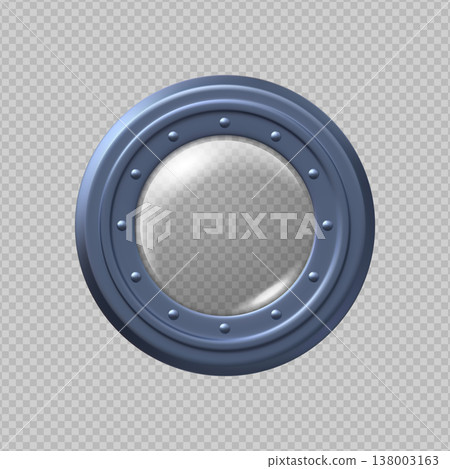 Blue, round, metal porthole with rivets and glass on a transparent, isolated background. 138003163
