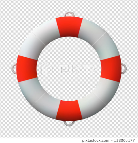Realistic lifebuoy in a red and white striped pattern, transparent background. 138003177