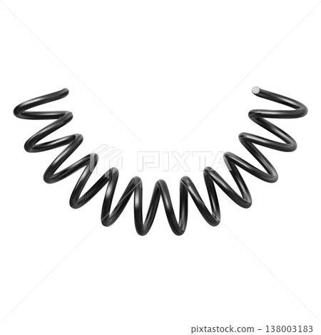 Metal spring, curved extended black coil 3D vector icon, realistic flexible spiral metal wire, springy coil suspension 138003183