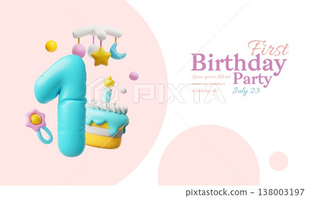 First Birthday party 3D cartoon plastic style festive invitation vector banner design, Baby shower cake with candle toys First Birthday party 3D cartoon plastic style festive invitation vector banner design, Baby shower cake with candle toys 138003197