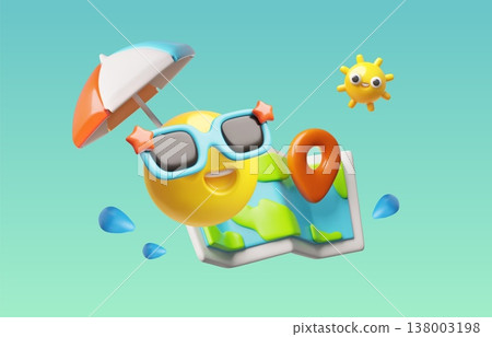 Time to travel, enjoy summer time 3D vector banner design, cartoon smiley emoticon in sunglasses, map with location mark 138003198