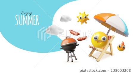 Enjoy summer 3D vector banner design, beach chair and umbrella, cartoon grilled sausages and barbecue, smiley emoticons Enjoy summer 3D vector banner design, beach chair and umbrella, cartoon grilled sausages and barbecue, smiley emoticons 138003208