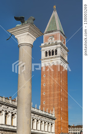 Winged lion column and bell tower in Venice Winged lion column and bell tower in Venice 138003269