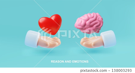 Reason and emotions 3D vector banner, human brain and heart in hands, Mental health, psychology health care therapy 138003293