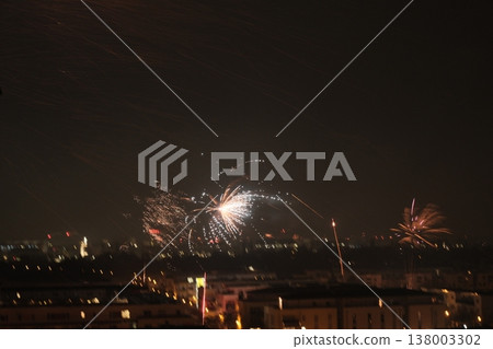 colorful fireworks on the beach and the reflection colorful fireworks on the beach and the reflection 138003302
