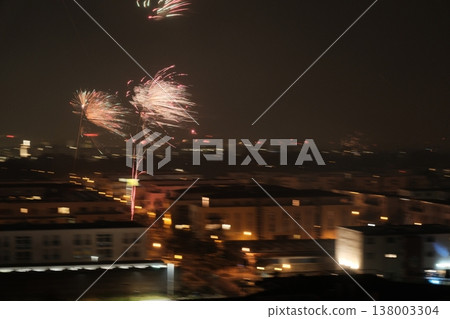 colorful fireworks with reflection on city 138003304