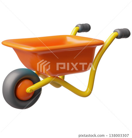 Wheelbarrow 3D plastic style, vector realistic wheel barrow, cart with handles, construction or garden carriage trolley Wheelbarrow 3D plastic style, vector realistic wheel barrow, cart with handles, construction or garden carriage trolley 138003307