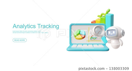 Analytics tracking realistic 3D vector web banner, chatbot robot with magnifying glass research business infographic 138003309