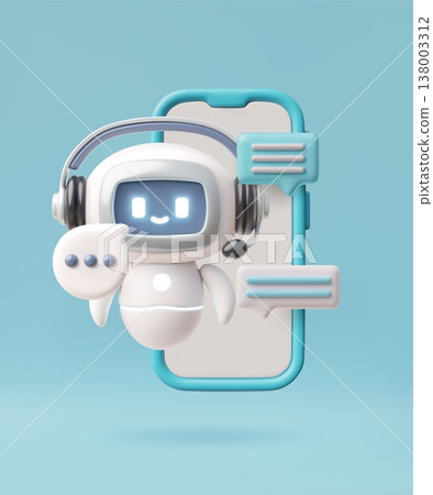 Chatbot robot and speech bubbles with microphone and headphones in smartphone, vector 3D support service and assistance Chatbot robot and speech bubbles with microphone and headphones in smartphone, vector 3D support service and assistance 138003312